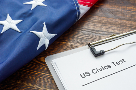 US civics test and US flag