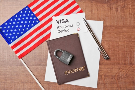 Visa paper work, U.S Flag, Passport