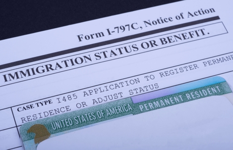 Application to register Permanent residence or adjust status, I-797 C, Notice of Action, Case type I 485 next to Green card in envelope