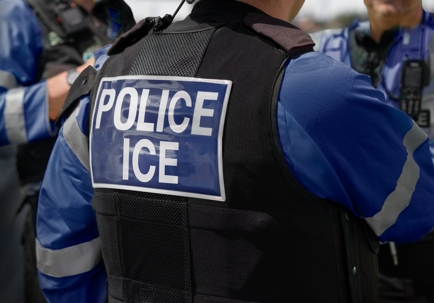 ICE police agent - Officer of Immigration and Customs Enforcement. Close-up of POLICE ICE marking on the back of a stab proof vest uniform worn by a trio of police officers at the scene of an incident